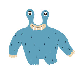 Light blue monster with fangs. Funny Halloween character.