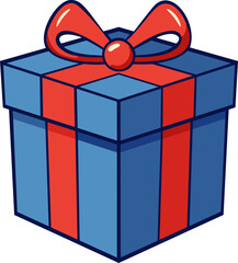 Cartoon blue gift box with red ribbon vector isometric, mystery box art, presents clipart in flat design style illustration