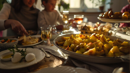 Fototapeta premium Dappled sunlight highlights a festive table filled with roasted potatoes, eggs, greens, and glasses of drinks, as family and friends gather around in the background.