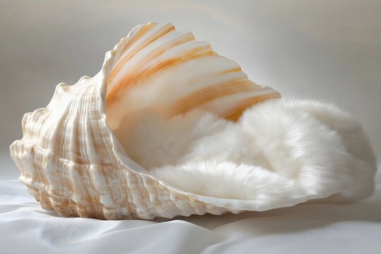 Digital backdrop, newborn, giant natural shell with fur blanket inside. White background. Baby photography.