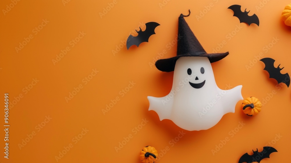 Poster a ghost with a hat and a smile is standing on an orange background with bats