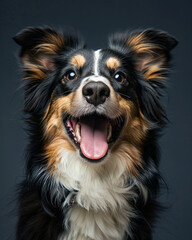 close up of a Collie is standing with its tongue out