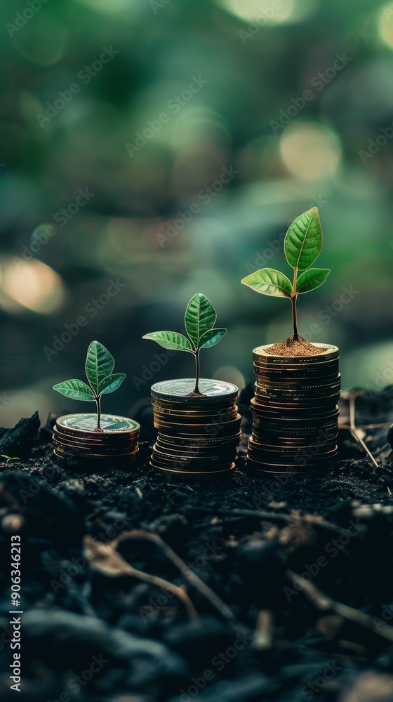 Wall mural Three Saplings Growing From Stacked Coins in Forest Soil