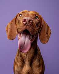 close up of a Vizsla is standing with its tongue out