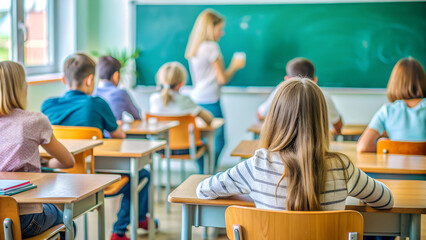  School classroom, students sitting with their backs and listening to the teacher. a school desk...