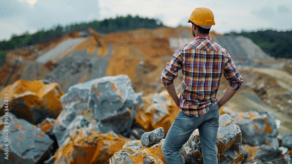 Leinwandbilder Man construction engineer wears helmet ensure safety when working in construction zone standing on pile rocks looking checking for completeness in case there is error so that it can be : Generative AI