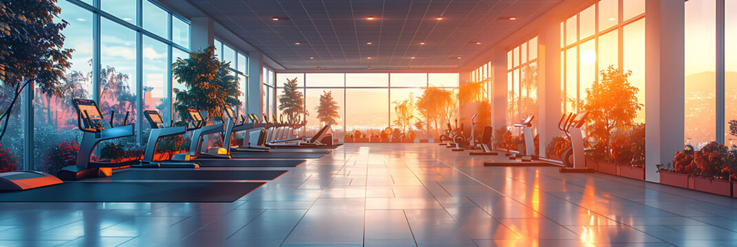 Modern gym where people are using VR technology to simulate outdoor environments for their workouts promoting physical fitness and health