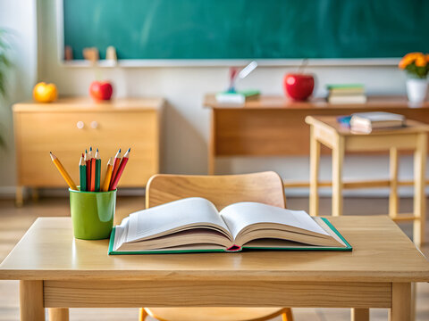 a school desk with a book on it, ready to open up a world of knowledge to the student on the first day of school.