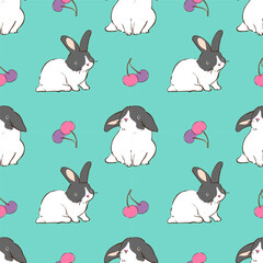 Fototapeta premium Seamless Pattern with Cartoon Rabbit and Cherry Design on Green Background