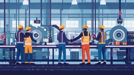 Fototapeta premium Workers in Protective Gear Shaking Hands in Manufacturing Setting.Generated image