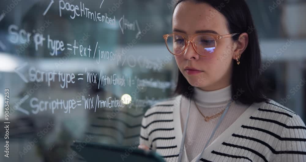 Aufkleber Tablet, woman and coding for solution in office with equation on glass, programming languages and data information. Programmer, digital and software development, safety research and server update