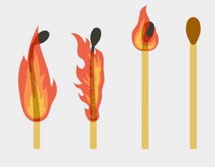 Animation of a burning match. Stages of burning matches. Burnt match flames. Vector illustration of a burning match.
