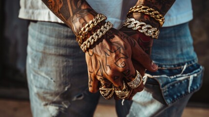 Close-up of a Man's Hands Adorned with Gold Jewelry