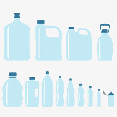 Large and small water bottles. Vector set of water bottles isolated on white background. Water bottles.