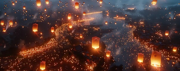 Obraz premium An aerial view of a lantern release, with thousands of lanterns illuminating the landscape below.
