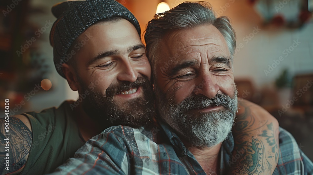 Wall mural adult hipster son fun hugging old senior father at home two generations have a beard talking togethe