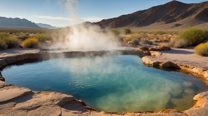 Desert Hot Spring Landscape. Illustrating a serene desert hot spring, with steaming pools of water surrounded by rocky formations. Relax in the soothing embrace of desert hot springs.