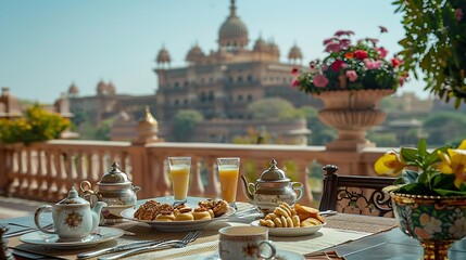 Fototapeta premium Table with a Continental breakfast on the terrace of the Umaid Bhawan Palace in Jodhpur Rajasthan India Asia : Generative AI