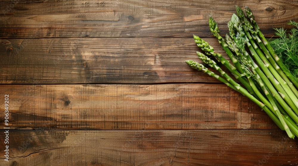 Poster asparagus sprouts on wooden table with copy space