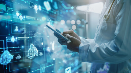 A healthcare professional uses a tablet, surrounded by futuristic digital medical interfaces displaying various health-related graphics.