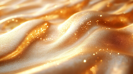 Abstract golden background with shining sparkles and glitter, close-up shot