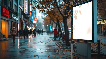 Obraz premium lightbox billboard on tourist walking street blank white poster and ad space digital outdoor display base for mockup empty display panel glass design soft streetscape shopping street b : Generative AI