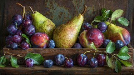 Assorted fall fruits plums and unripe pears