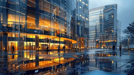 Fototapeta premium Cityscape with Reflection in Wet Pavement