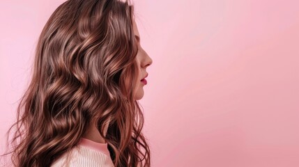 Obraz premium A Woman With Long, Wavy Brown Hair Facing a Pink Wall