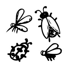 Set of flying insects hand drawn in doodle style. Fly, mosquito, beetle, ladybug, midge. Wildlife animals. Vector line art illustration.