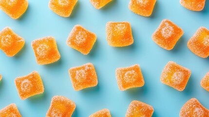 Assortment of orange sugar candies on a blue backdrop