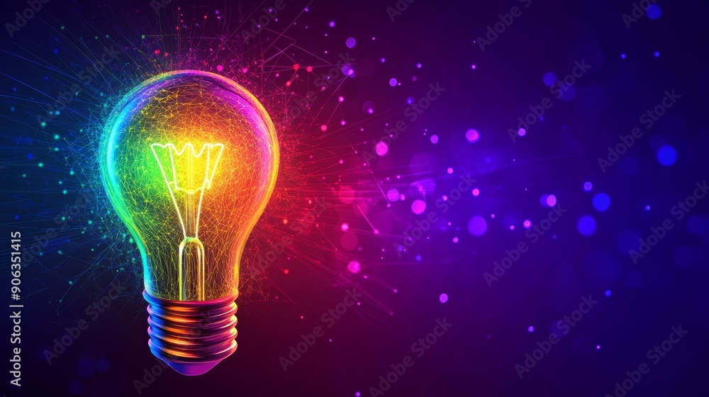 Poster the polygon idea light bulb is shown on a blurred gradient multicolored background. it represents in