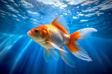 Orange and white goldfish swimming in a clear blue water. Simple and serene underwater scene with a single goldfish.