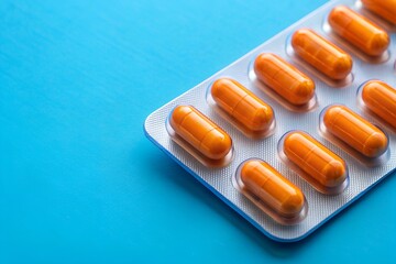 Blister pack of orange capsules on a blue background, representing medication and healthcare with copy space.