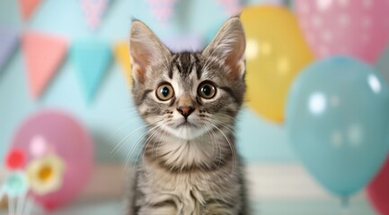 Adorable Gray Kitten Surrounded by Colorful Balloons at a Celebration