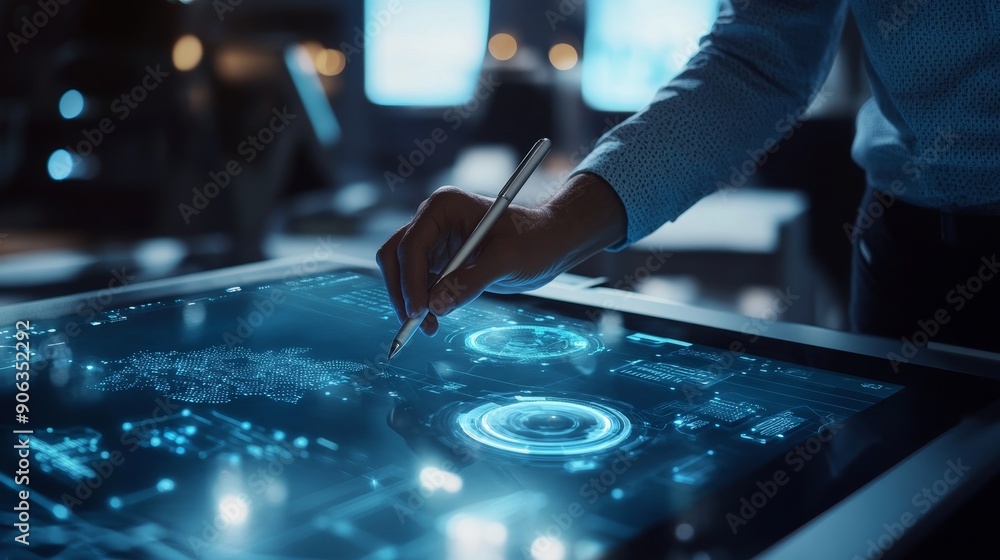 Poster scientists, engineers, and developers gather around an illuminated conference table in a technology 