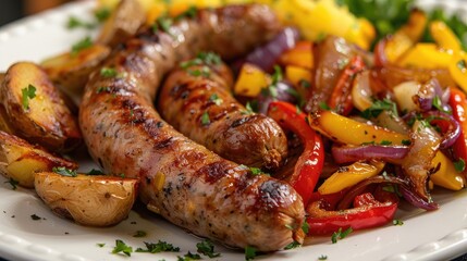 sweet italian sausage with red roasted potatoes served with sauteed peppers and onions