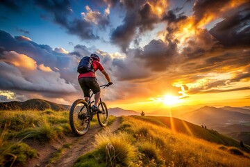Naklejka premium Mountain biker riding down a trail at sunset with a dynamic perspective. Concept of adventure, outdoor sports, and adrenaline.
