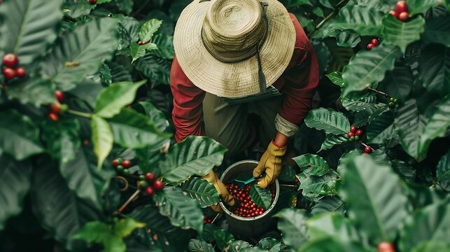 From above of crop anonymous worker in gloves and with bucket picking ripe red berries while harvesting on coffee plantation in Quindio region in Colombia : Generative AI