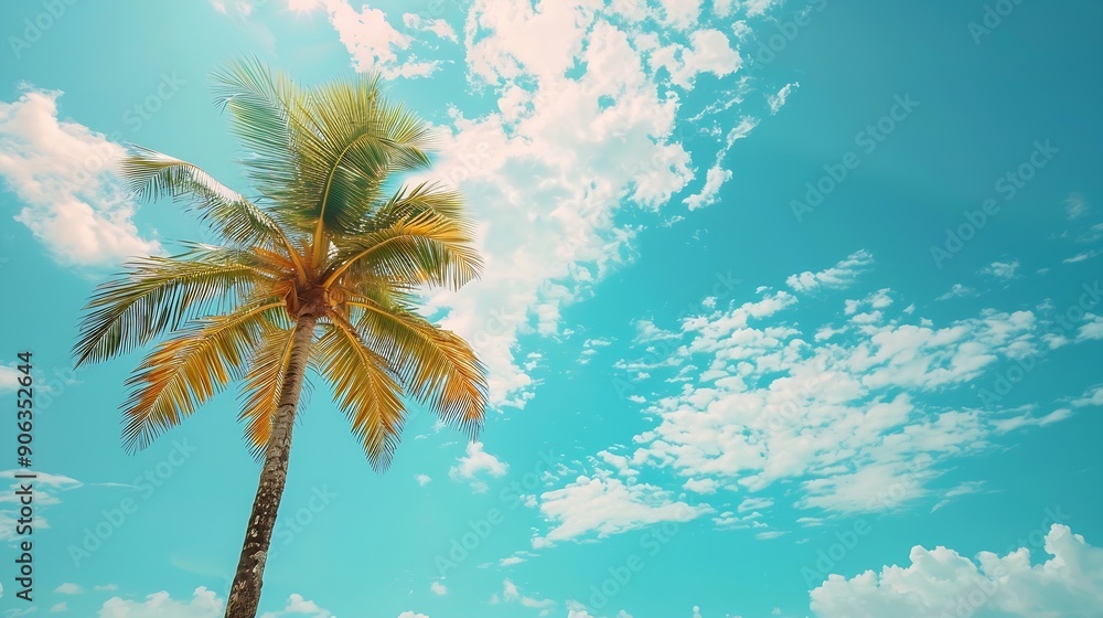 Poster palm tree on tropical beach with blue sky and white clouds abstract background copy space of summer 