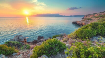 Rocky shore with green shrubbery overlooking calm blue sea under a gradient sunset sky evoking serene natural beauty