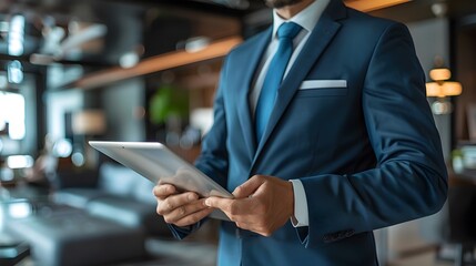 Businessman Reviewing Corporate Insurance Policies on a Tablet in High Tech Office Environment