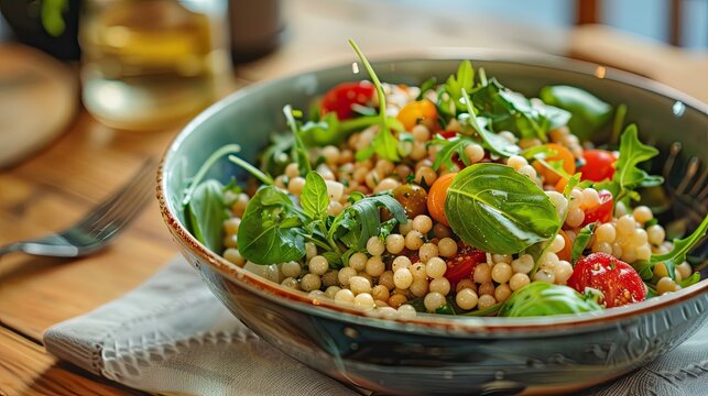 salad from Sardinian fregula pasta on the table