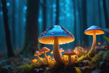 autumn leaves with moss on the ground and glowing mushroom in the forest.