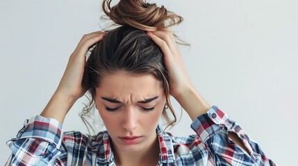 Fototapeta premium A Young Woman Holding Her Head in Worry: A Mental Health Concept