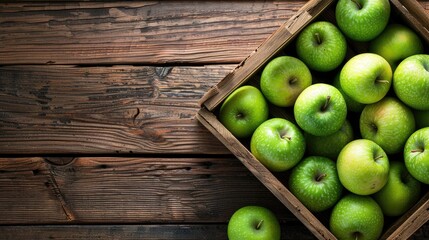 Ripe green apples box on wooden table Top view with space for your text