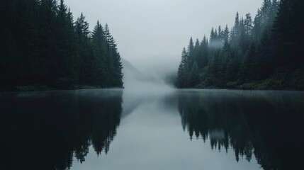 Misty Forest Reflecting in a Still Lake