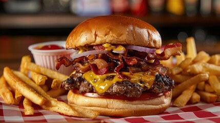 Double smash burger with crispy bacon cheddar cheese onions and fries