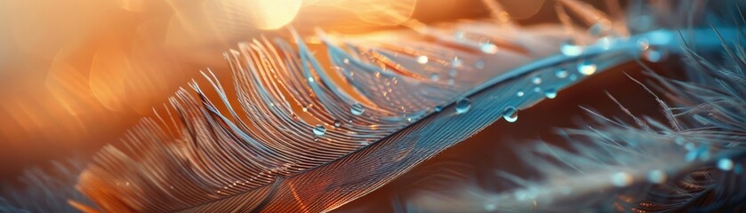 A close-up of a colorful feather adorned with droplets, showcasing vibrant textures and hues, ideal for nature and beauty themes.