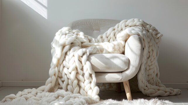 A blavk chair with a white bulk blanket Wool blanket knitted with hands